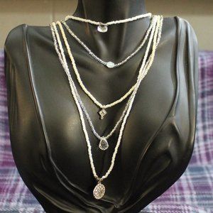 White and Silver Boho Glass Beaded Multistrand Necklace